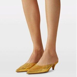 Wansseny Gold Pointed Toe Comfortable Low Heel Mule Slip On Ladies Indoor Outdor